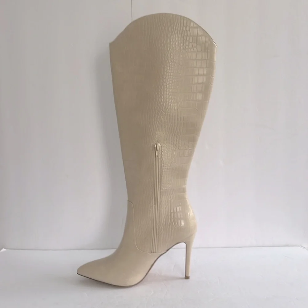 SHOEDAZZLE Women Paige Stiletto Beige Knee-High Boots Crock Embossed Size 10 New - Picture 9 of 14